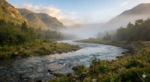 River flowing through a mountain valley before disappearing into mist, symbolising the limits of visible information and the importance of uncovering what lies beyond our current understanding.