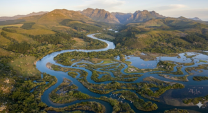 River flowing from a single source in the mountains and branching into multiple channels across a fertile landscape, symbolising the multiplication of skills, knowledge and opportunity.